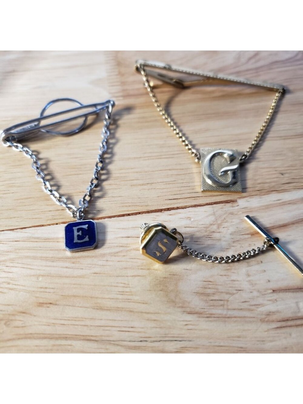 Vintage Tie Accessories Lot Swank Hickok Tie Bar Tack Initial S E G Chain Set